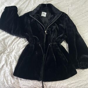 ZARA Black Faux Fur Drawstring-Waist Jacket